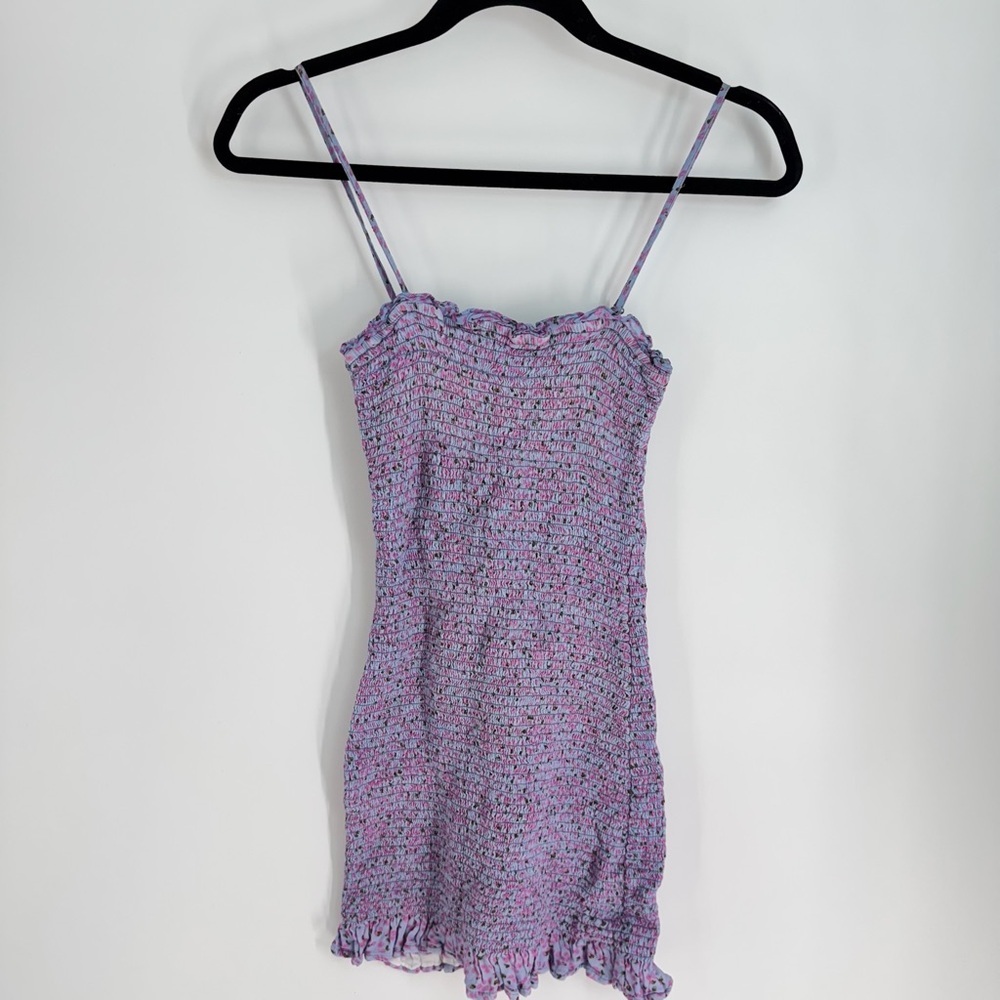 Fletch Floral Feminine Shirred Spaghetti Strap Ruffled Stretchy Mini Dress
